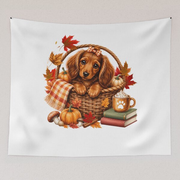 Item preview, Cozy Fall Dachshund Puppy Basket Autumn Pumpkins Books designed and sold by DYAFLK.