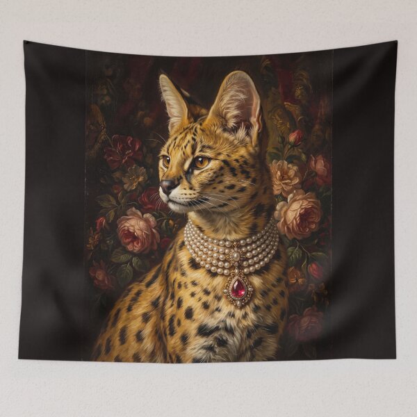 Item preview, Regal Serval Cat Portrait with Pearl Necklace designed and sold by Real Beast Art.