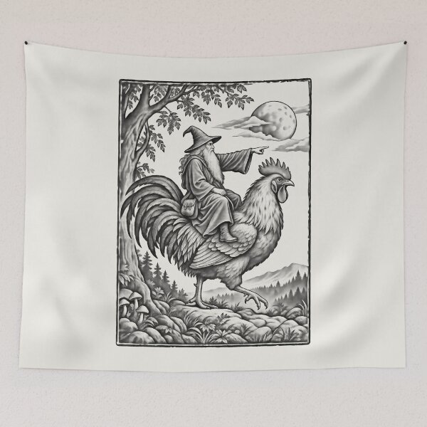 Item preview, Medieval Wizard Rooster Rider, Vintage Woodcut Fantasy Art designed and sold by AmiGraph.