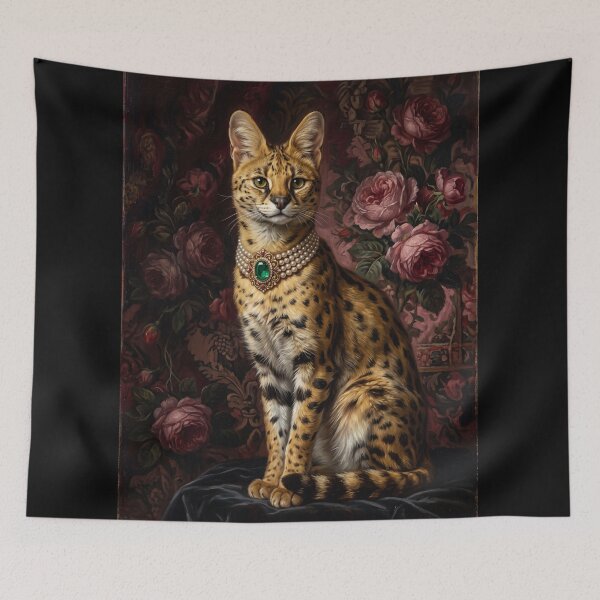 Item preview, Regal Serval Cat Portrait with Emerald Necklace designed and sold by Real Beast Art.