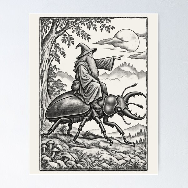 Item preview, Medieval Wizard Stag Beetle Rider, Vintage Woodcut Fantasy Art designed and sold by AmiGraph.