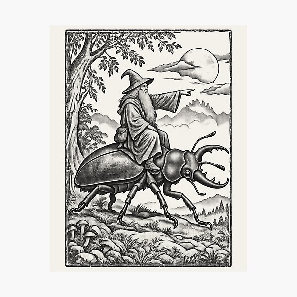 Item preview, Medieval Wizard Stag Beetle Rider, Vintage Woodcut Fantasy Art designed and sold by AmiGraph.