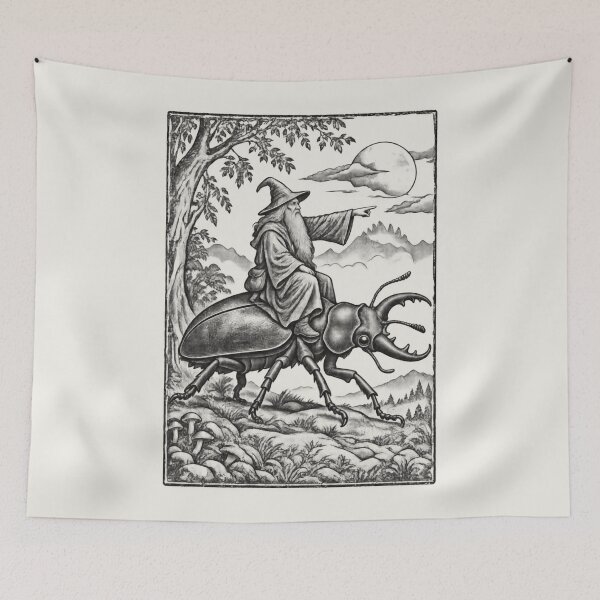Item preview, Medieval Wizard Stag Beetle Rider, Vintage Woodcut Fantasy Art designed and sold by AmiGraph.