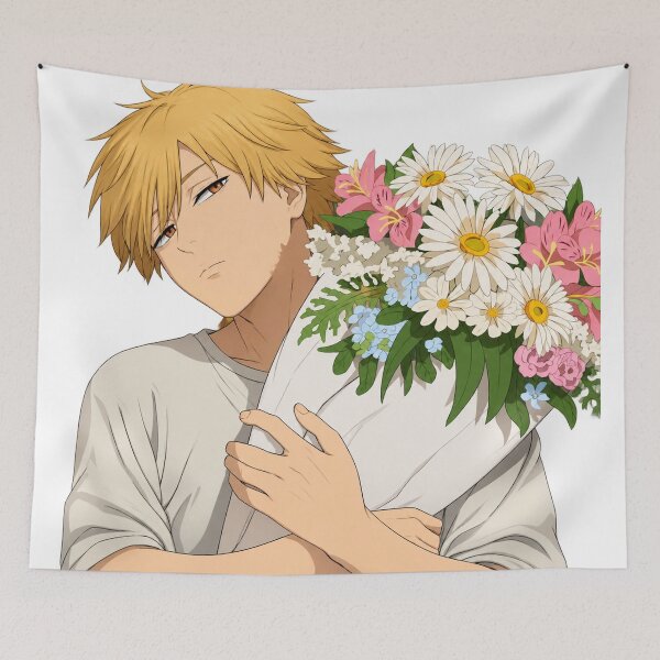 Item preview, Denji with a bouquet of flowers designed and sold by Migi-Desu.