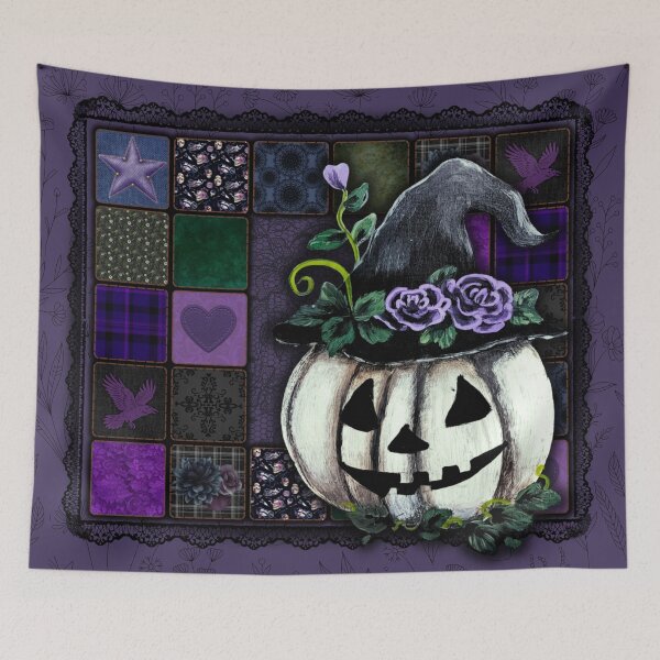 Item preview, Gothic Patchwork White Pumpkin – Witchy Autumn Quilt Art designed and sold by ArtistsAtticWI.