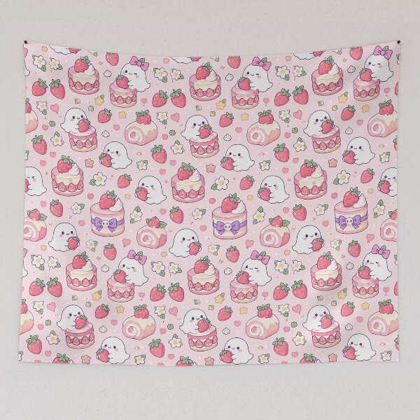 Item preview, Kawaii Ghost Strawberry Cake Pattern designed and sold by Soft Berry Studio.