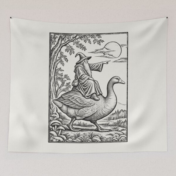 Item preview, Medieval Wizard Goose Rider, Vintage Woodcut Fantasy Art designed and sold by AmiGraph.