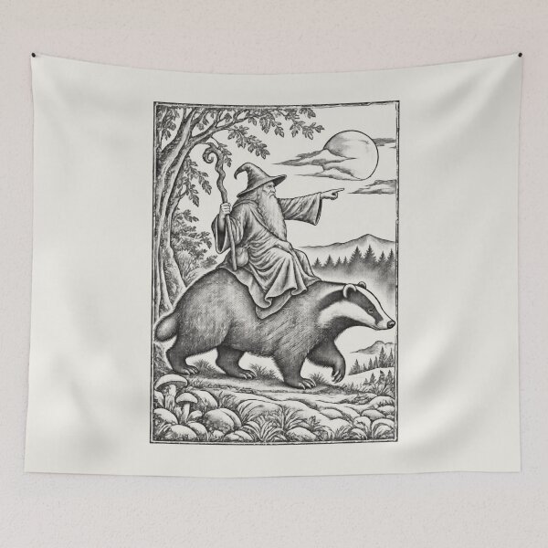 Item preview, Medieval Wizard Badger Rider, Vintage Woodcut Fantasy Art designed and sold by AmiGraph.