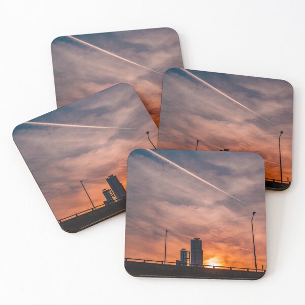 Item preview, Contrail Across Glowing Sunset Sky Above Bridge designed and sold by Nightwindow.