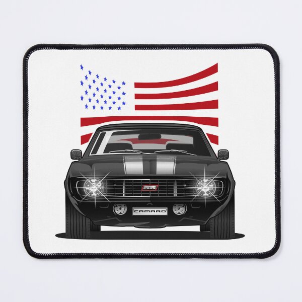 Item preview, Camaro SS in Black Color with American Flag Background Classic Muscle Car designed and sold by Juan-Art-22.