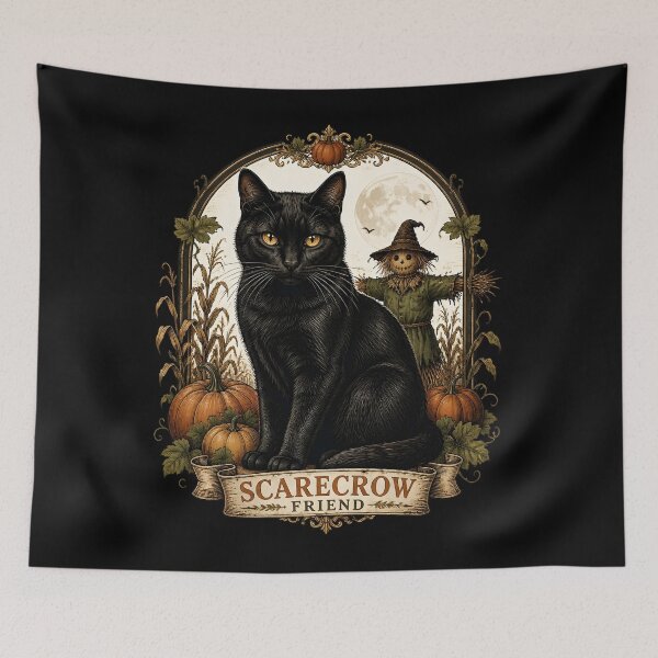 Item preview, Black Cat & Scarecrow Gothic Folk Illustration Halloween designed and sold by OliviaHayesArt.