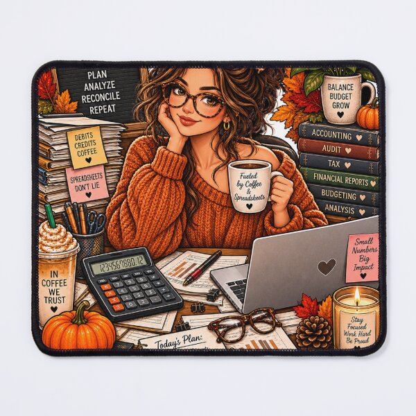 Item preview, Cozy Autumn Female Accountant at Work – Finance and Budgeting designed and sold by FestivityFinds.