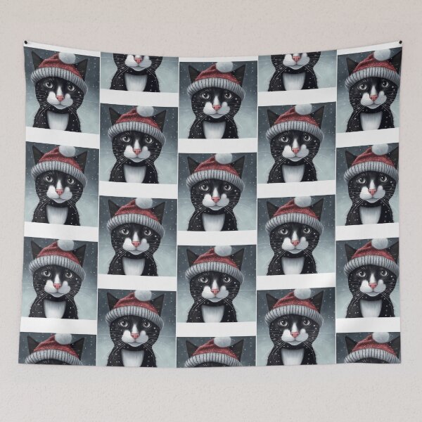 Item preview, Black Cat In Red Winter Hat designed and sold by Raniya-Otte.