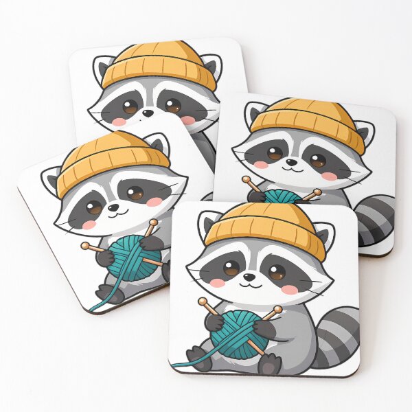 Item preview, Cute Raccoon with Teal Knitting Yarn and Needles designed and sold by pumsquare.