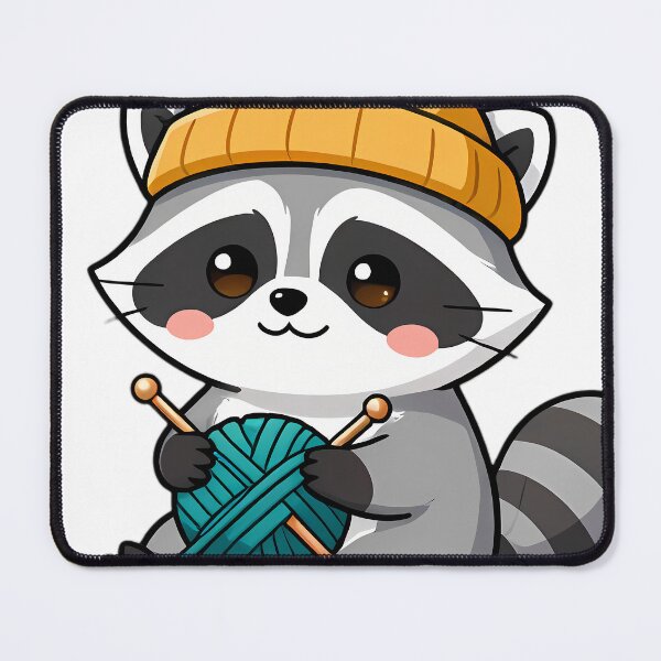 Item preview, Cute Raccoon with Teal Knitting Yarn and Needles designed and sold by pumsquare.