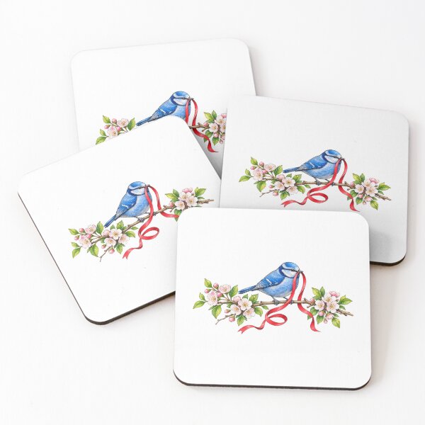 Item preview, Cute Blue Bird with Cherry Blossoms and Red Ribbon – Kawaii Spring Floral Bird Aesthetic designed and sold by MrDev.