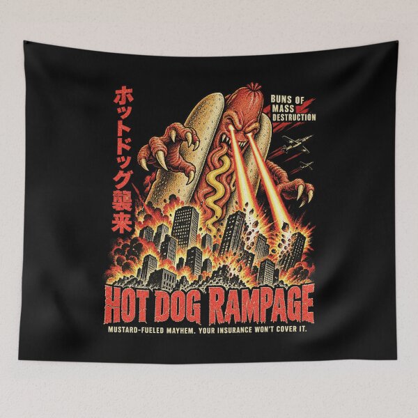 Item preview, Hot Dog Rampage Kaiju Monster Funny Retro Parody Design designed and sold by JapanAnimeSH1.