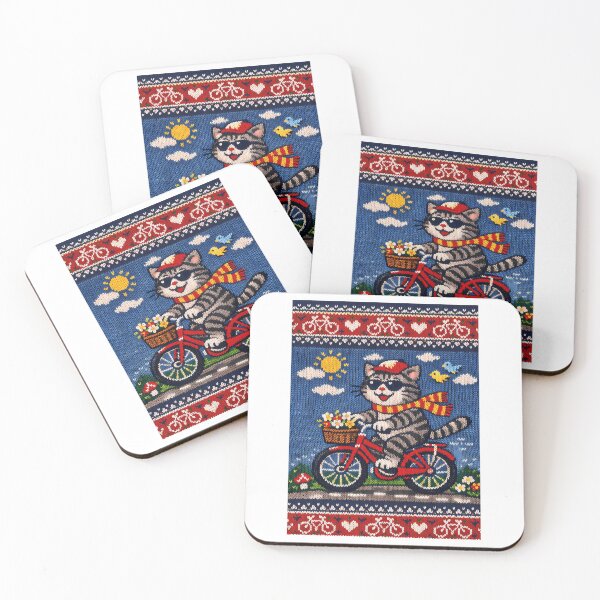 Item preview, Cat Riding A Bicycle Funny Knitted Picture designed and sold by Raniya-Otte.