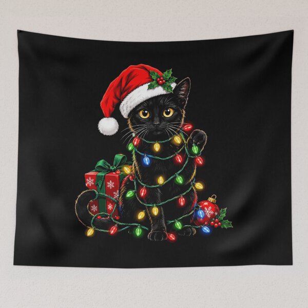 Item preview, Santa Black Cat Tangled in Christmas Tree Lights | Funny Holiday Cat Christmas designed and sold by mraihan.