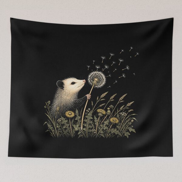 Item preview, Vintage Opossum Making A Dandelion Floral Wildflower Wish  designed and sold by KelsterRandom.