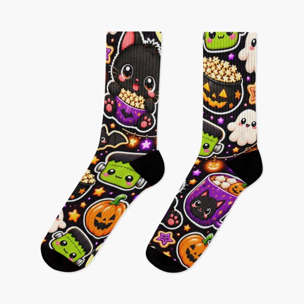 Item preview, Kawaii Halloween Pattern with Black Cats, Cute Ghosts, Frankenstein, Pumpkins and Spooky Treats designed and sold by ALH Apparel.