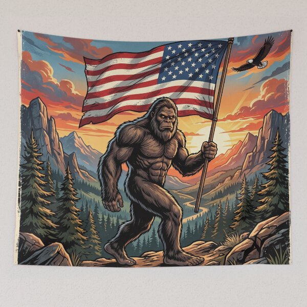 Item preview, Patriotic Bigfoot Holding American Flag at Sunset designed and sold by Spank My Yeti.
