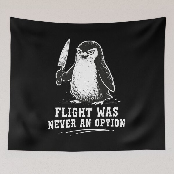 Item preview, Angry Penguin Wielding Knife Flight Option Gag designed and sold by TAYLORBROWSD.