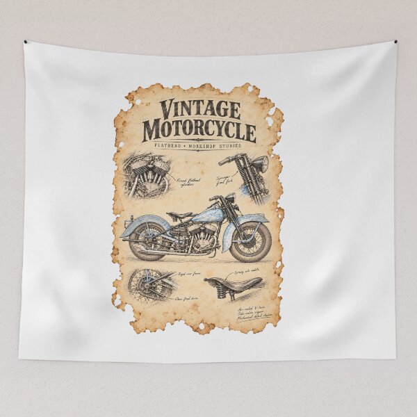 Item preview, Vintage Motorcycle Workshop Sketch on Aged Parchment designed and sold by Russell Thorne.