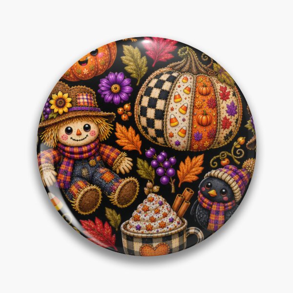 Item preview, Kawaii Autumn Scarecrow Pattern with Patchwork Pumpkins, Cozy Fall Mug, Crow and Harvest Leaves designed and sold by ALH Apparel.