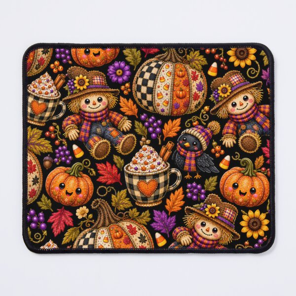 Item preview, Kawaii Autumn Scarecrow Pattern with Patchwork Pumpkins, Cozy Fall Mug, Crow and Harvest Leaves designed and sold by ALH Apparel.