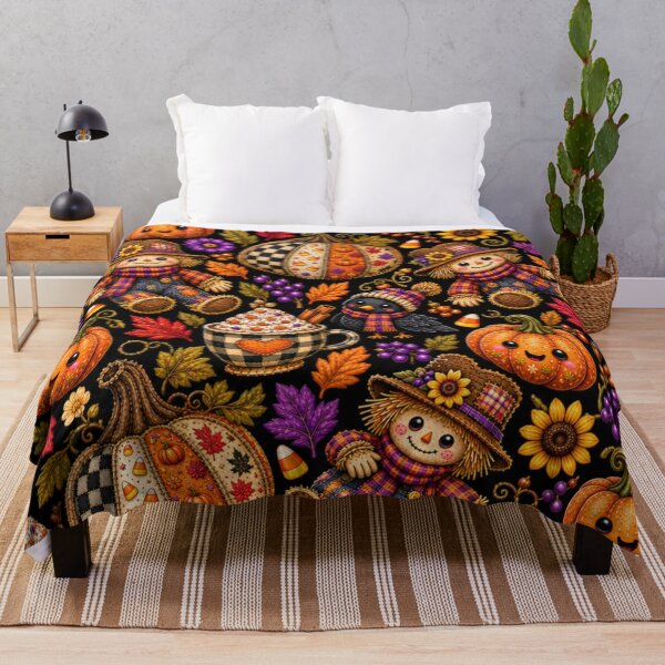 Item preview, Kawaii Autumn Scarecrow Pattern with Patchwork Pumpkins, Cozy Fall Mug, Crow and Harvest Leaves designed and sold by ALH Apparel.
