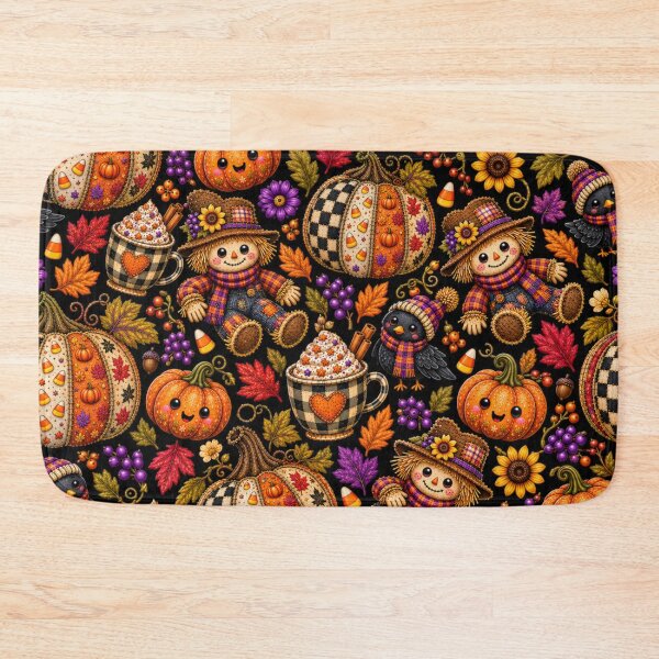 Item preview, Kawaii Autumn Scarecrow Pattern with Patchwork Pumpkins, Cozy Fall Mug, Crow and Harvest Leaves designed and sold by ALH Apparel.