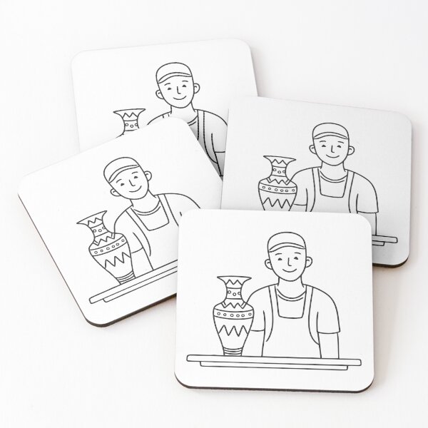 Item preview, Doodle illustration of a vendor showing a handmade vase on a table designed and sold by rasagamastore.