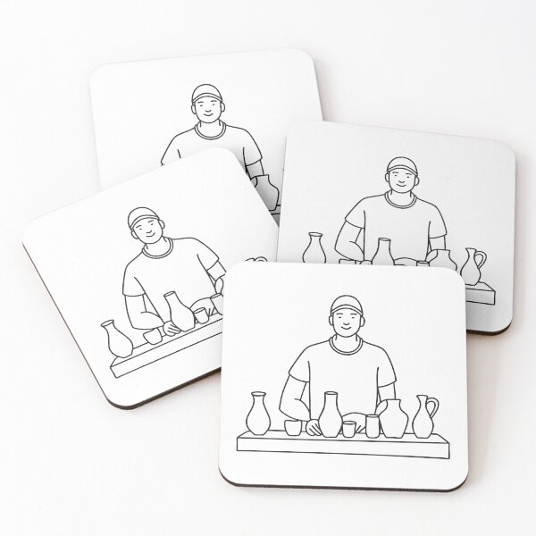 Item preview, Doodle illustration of a vendor arranging handmade vases on a table designed and sold by rasagamastore.