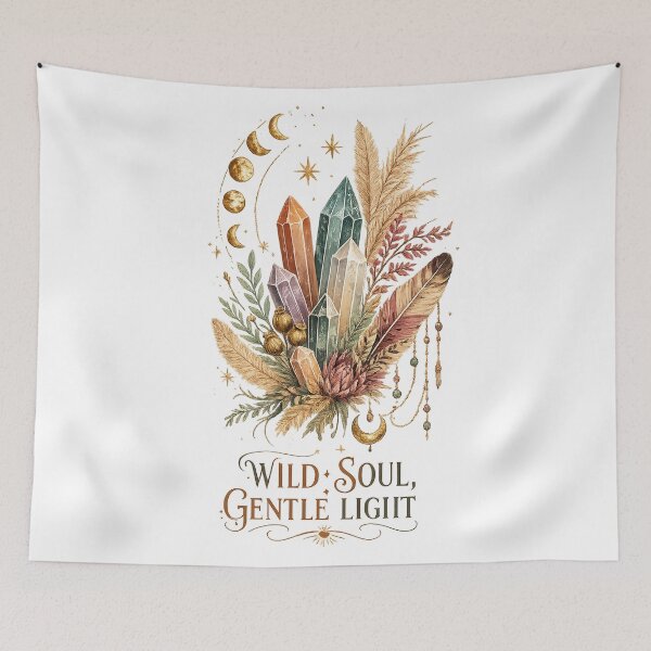 Item preview, Wild Soul Gentle Light Crystal Feather Moon Phase Boho Art Design Print designed and sold by inkoutninja.