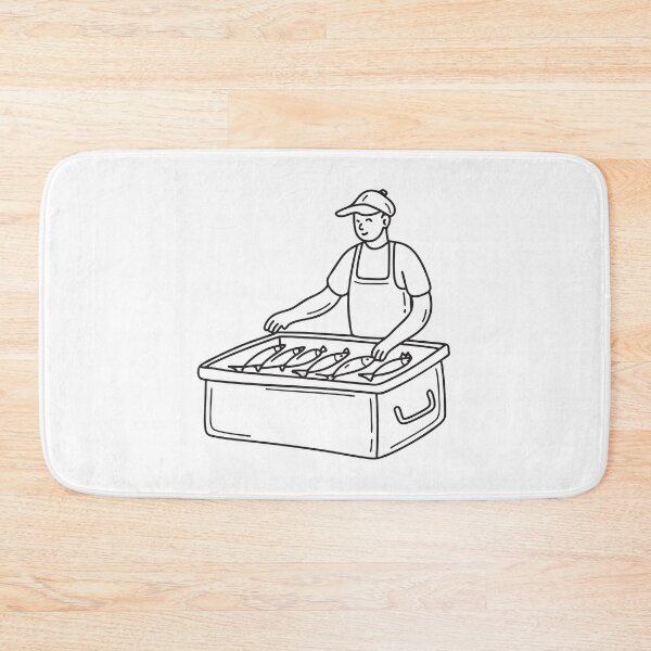 Artikelvorschau, Gekritzelte Illustration eines Verkäufers, der frischen Fisch aus einer großen Kühlbox verkauft. entworfen und verkauft von rasagamastore.