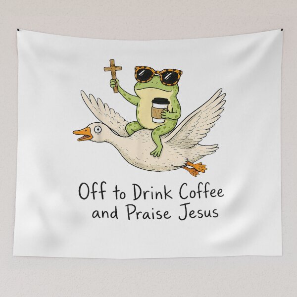 Item preview, Off to Drink Coffee and Praise Jesus Christian Frog Humor designed and sold by VibePrints42.