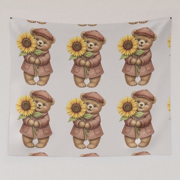 Item preview, Cute Teddy Bear in Plaid Coat Holding a Sunflower designed and sold by Golden_Pixel_Paper.