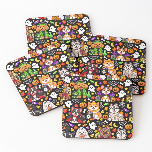 Item preview, Kawaii Halloween Dogs Pattern with Cute Costumes, Pumpkins, Ghosts, Bats and Spooky Candy designed and sold by ALH Apparel.