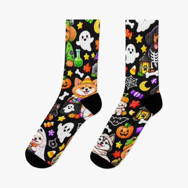 Item preview, Kawaii Halloween Dogs Pattern with Cute Costumes, Pumpkins, Ghosts, Bats and Spooky Candy designed and sold by ALH Apparel.
