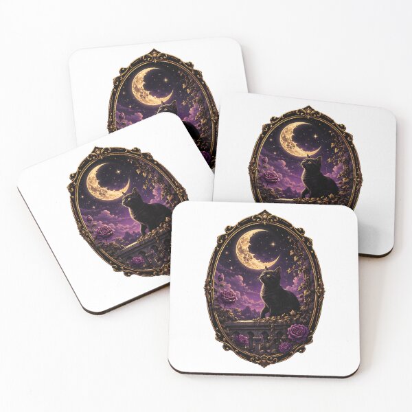 Item preview, Cat Under Crescent Moon Floral Night Fantasy Art designed and sold by SoyLamderma.