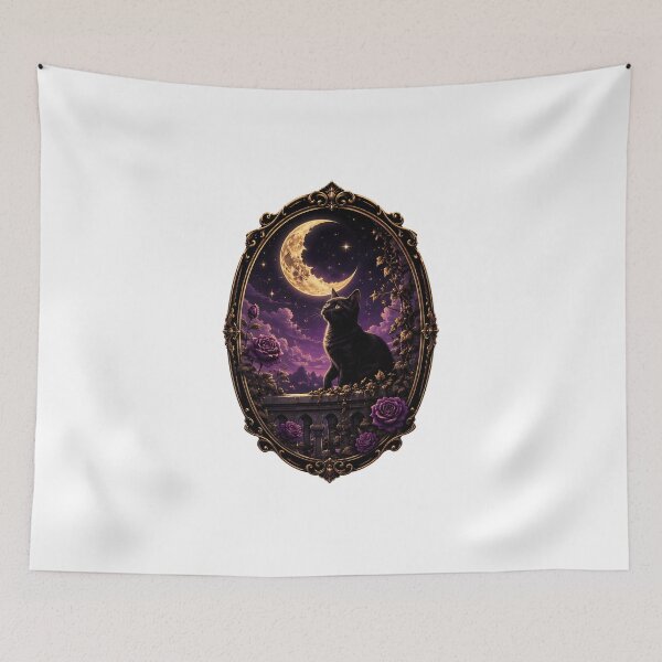 Item preview, Cat Under Crescent Moon Floral Night Fantasy Art designed and sold by SoyLamderma.