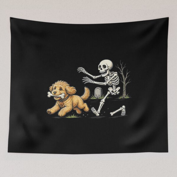 Item preview, Funny Goldendoodle Dog Stealing Bone from Skeleton Halloween  designed and sold by PhocoNibict.