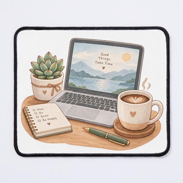 Item preview, Good Things Take Time - Cozy Desk, Laptop & Coffee Aesthetic designed and sold by MaafiaArtsThai.