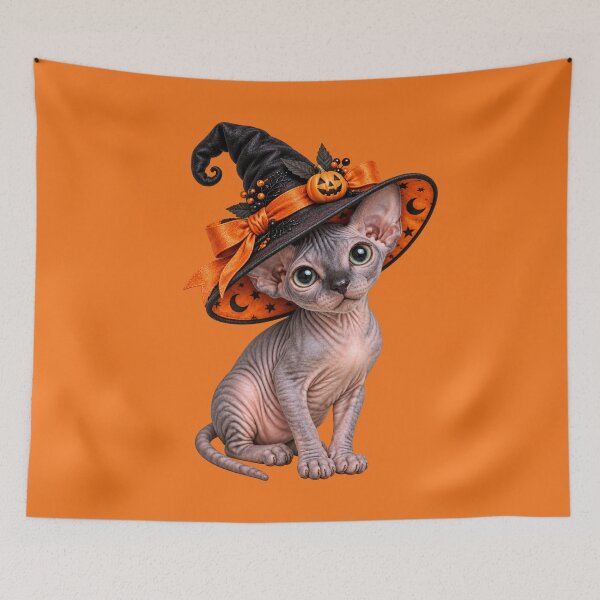 Item preview, Spooky Sphynx Cat Witch with Pumpkin Hat and Halloween Magic designed and sold by MythicMood.