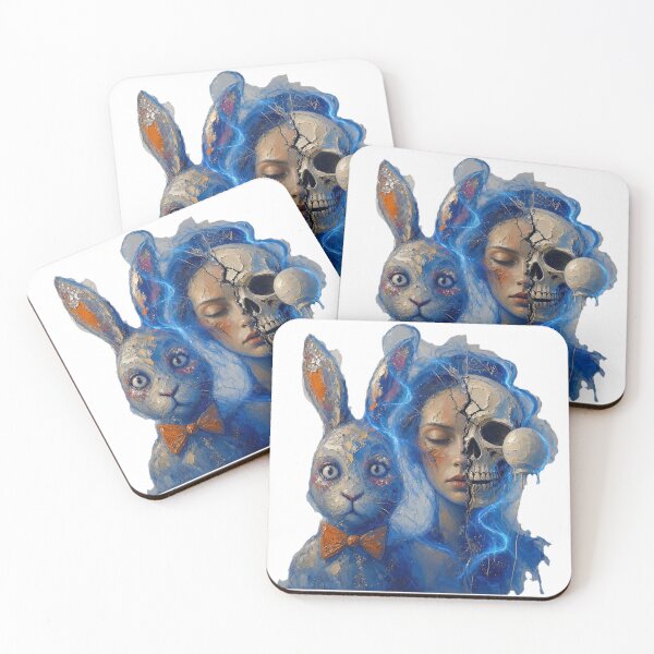 Item preview, Split Face Skull Woman Blue Rabbit Bowtie Impasto Art designed and sold by LujziWorld.
