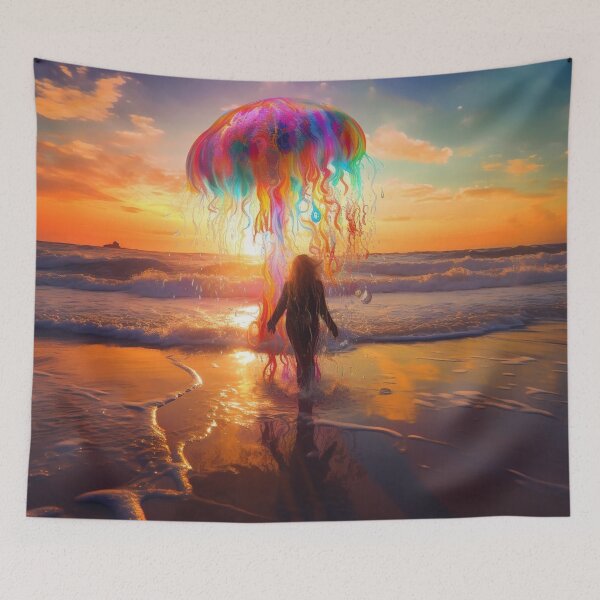 Item preview, Silhouette Beneath a Rainbow Jellyfish Sky designed and sold by MongLongStudio.