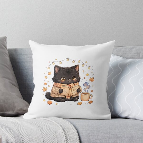 Item preview, Cozy Black Cat in Sweater Reading Book - Autumn Bookish Cat with Coffee designed and sold by catlibrary1.