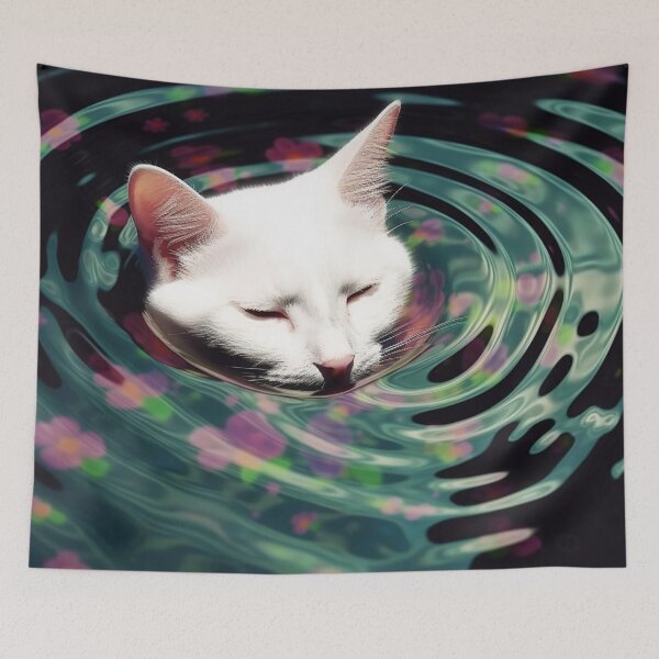 Item preview, White Cat Emerging from Rippling Flower Water designed and sold by MongLongStudio.