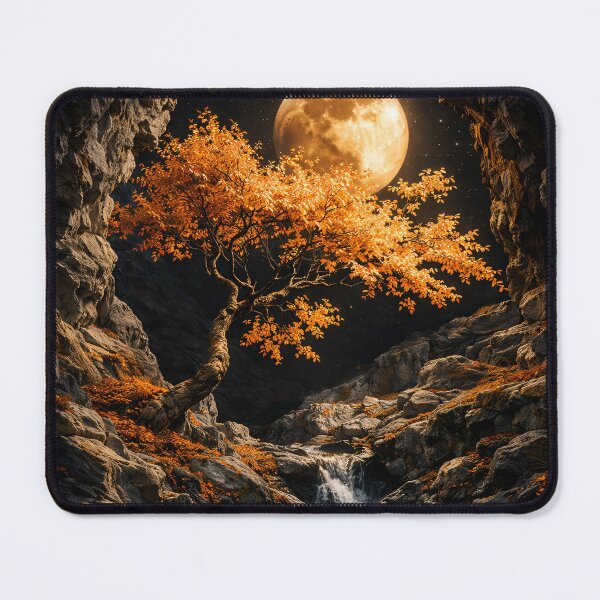 Item preview, Golden Moon and Autumn Tree in Cave – Mystical Fantasy Nature Art Print designed and sold by Kaleidoscope Print.
